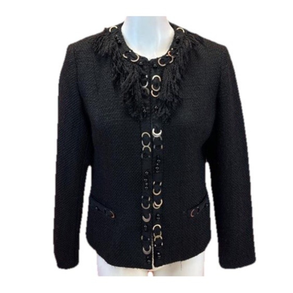 Black Tweed Jacket 4 Fringe Trim Ring Detail Embellished Chic Blazer Career